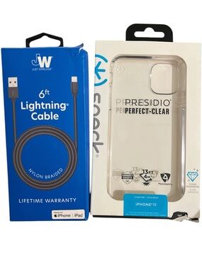 Speck iPhone 11 Bundle of 2, Perfect Clear Case + Just Wireless Lightening Cable